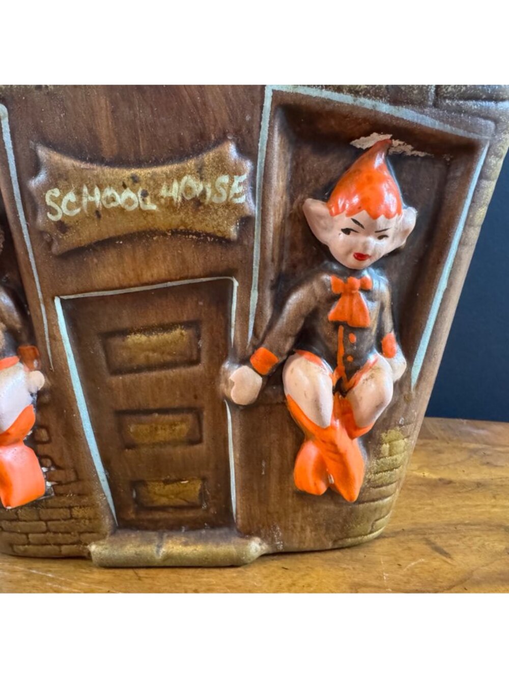 Vintage 1970s Gilner Pixie Elf School House Cottage Cookie Jar Orange Brown - Picture 5 of 16